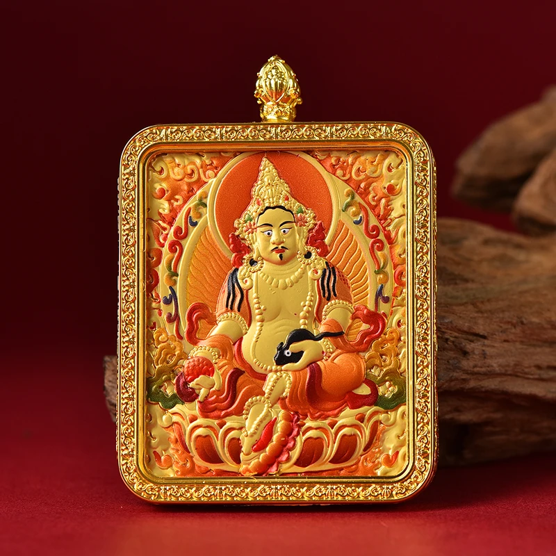 手描彩绘双面浮雕鎏金五爷黄财爷唐卡珠链吊坠转运护身纳财平安B