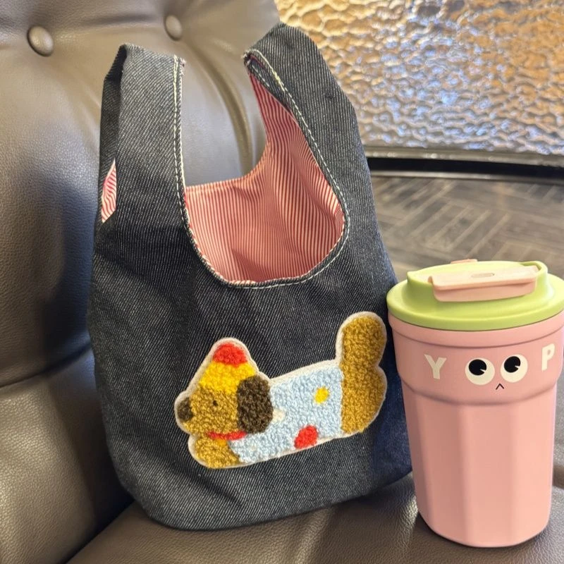 夏季新款卡通小狗牛仔手拎包通勤便携收纳外出撞色手提小包包kk