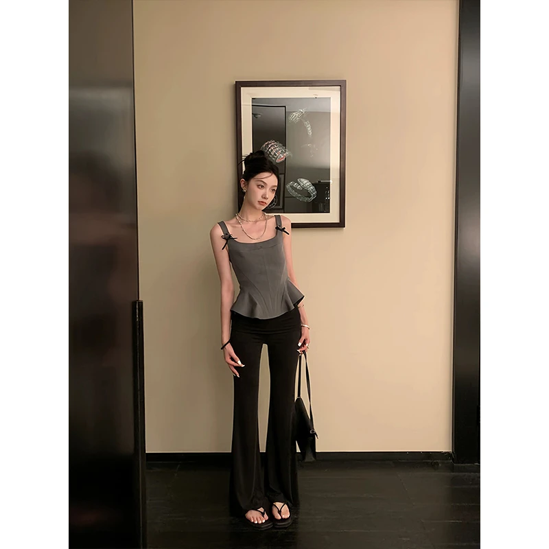 高级感显瘦蝴蝶结背心吊带上衣2025夏日新款高腰复古修身黑色长裤