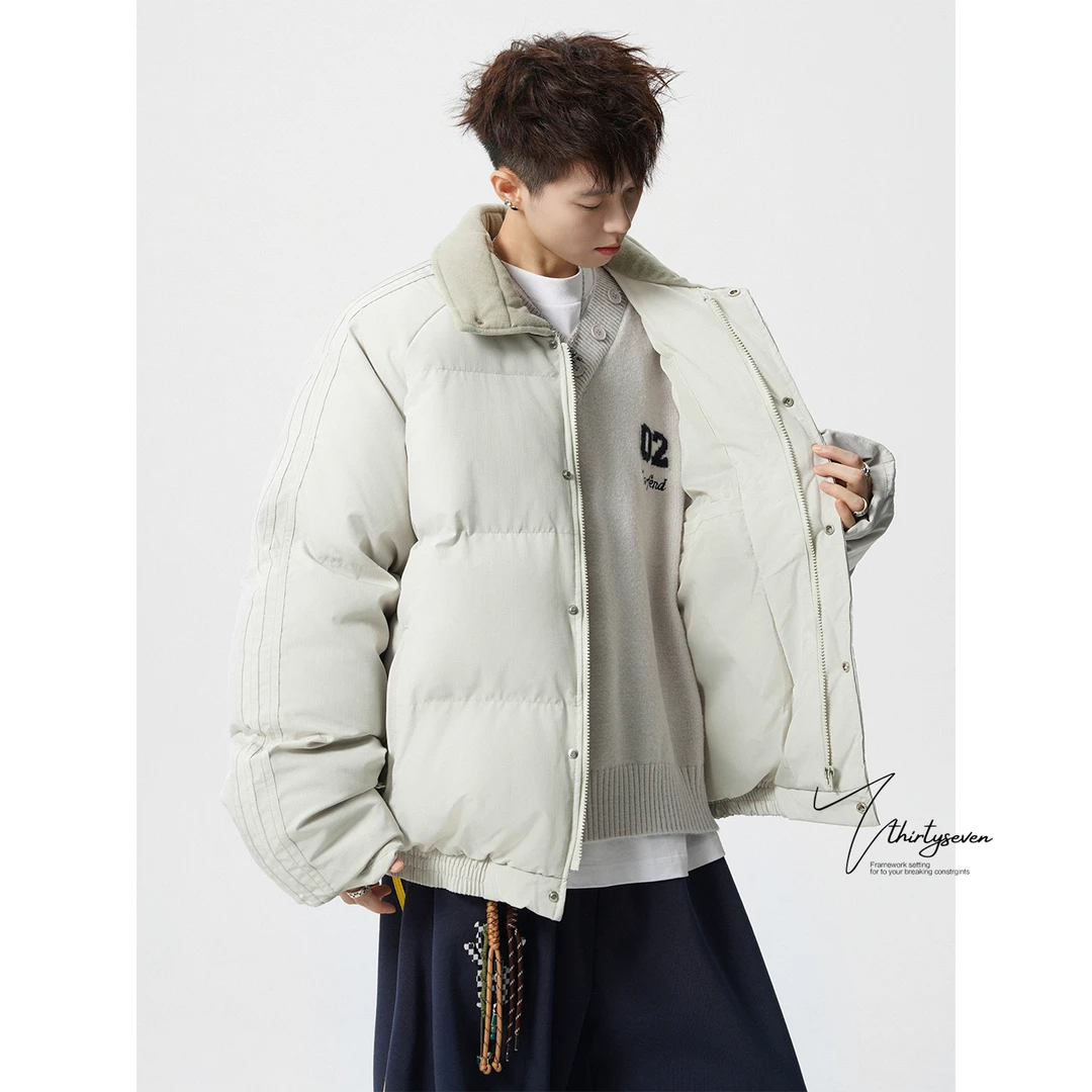 美式织带拼接翻领秋冬夹克棒球棉服男棉袄潮牌青少年保暖棉衣外套