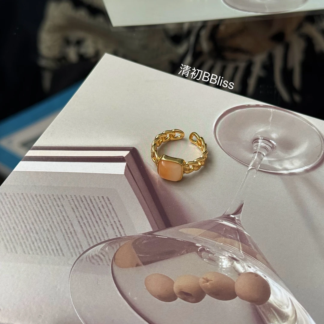 925银戒指 BBliss S925银金色纯银方糖古巴链戒指