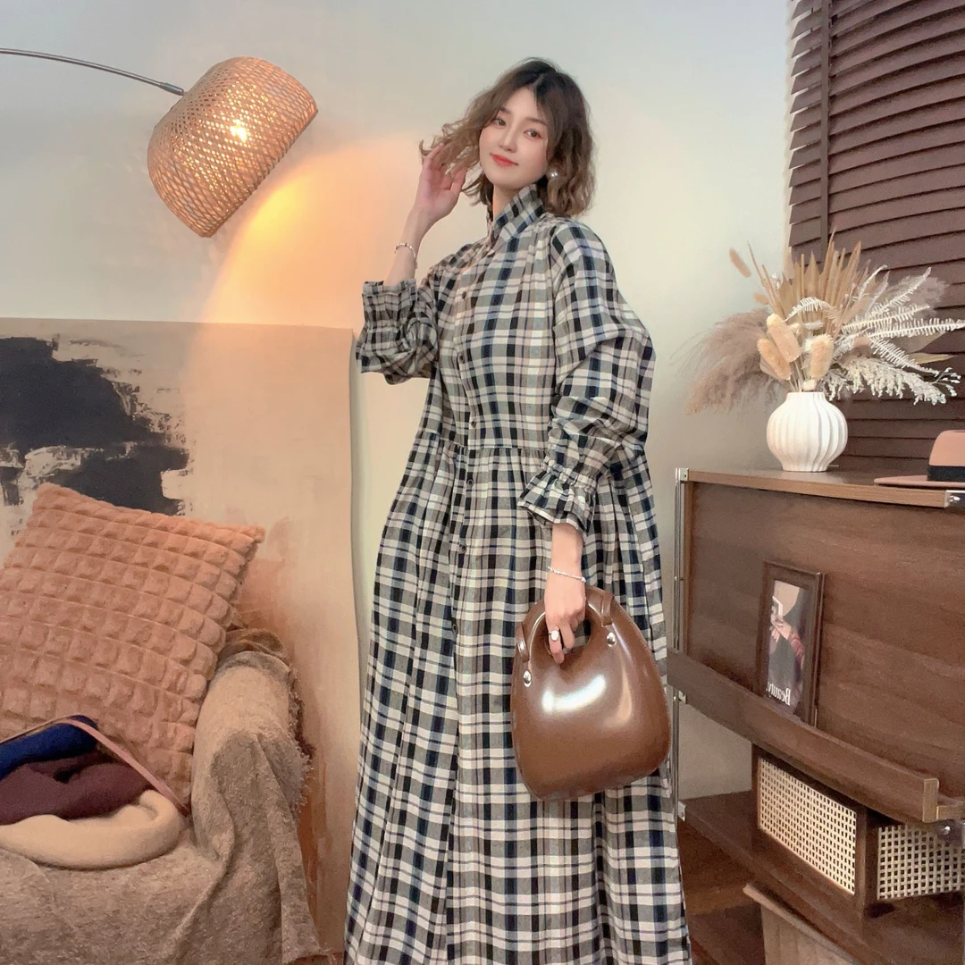 【喜柚自制】圣保罗 法式复古格子显瘦中长款春夏宽松连衣裙