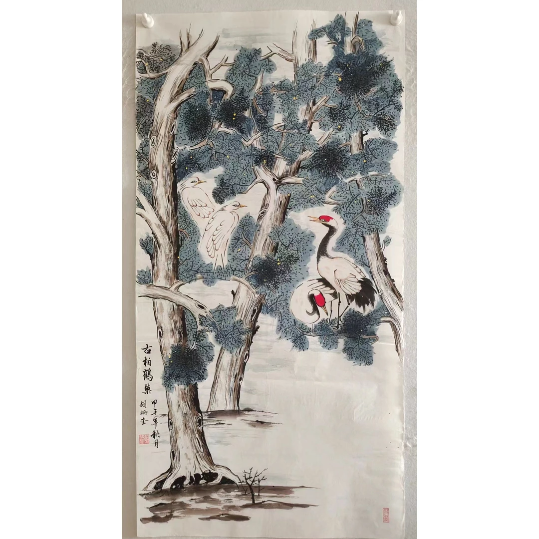 1881  纯手绘花鸟画《古柏鹤巢》中堂  尺寸 137×68
