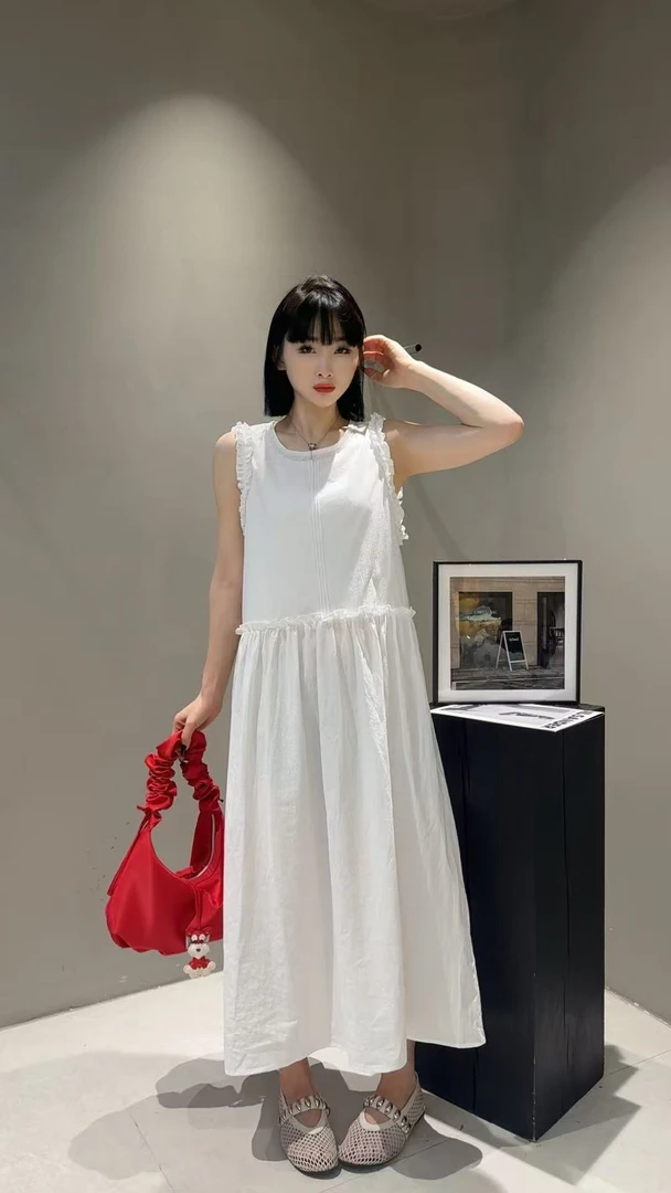 有货Tai#6720夏款福利重工艺拼接木耳边无袖连衣裙，裙长：125cm