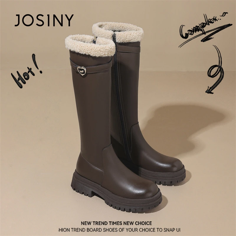 卓诗尼棕色靴子女2025冬季新款羊羔毛加绒骑士靴高筒不过膝雪地靴