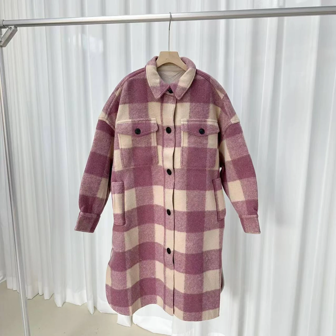 D STUDIO 粉紫色宽格子毛呢长外套 D1749