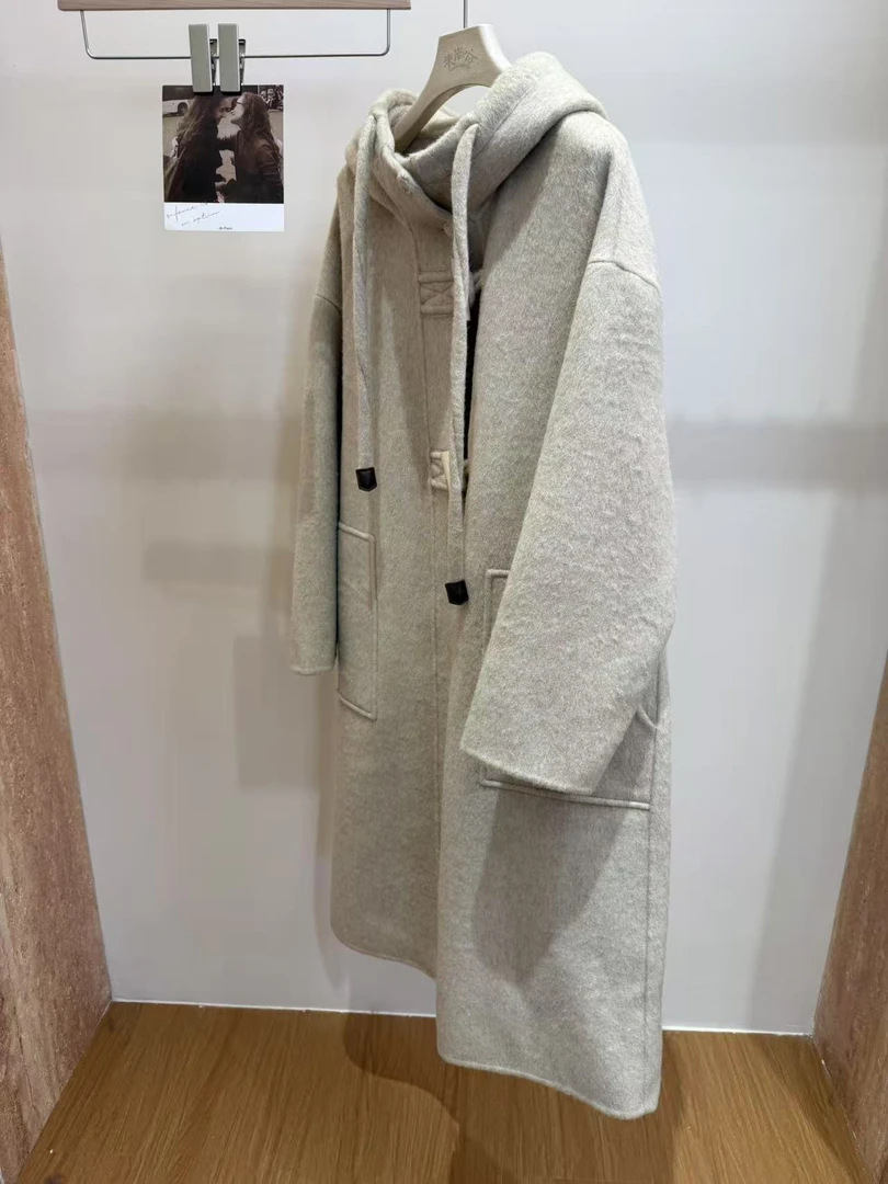 连帽长款直下摆秋冬宽松毛呢外套女士百搭时尚慵懒风