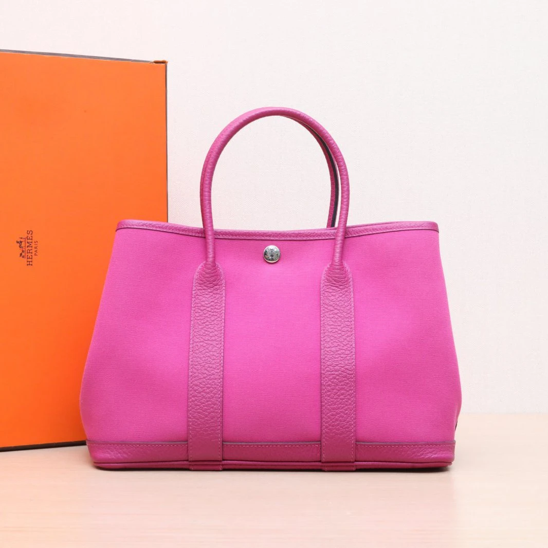 95新 Hermes/爱马仕 【66专属】花园包 30 玫瑰紫 帆布 Z刻 银扣