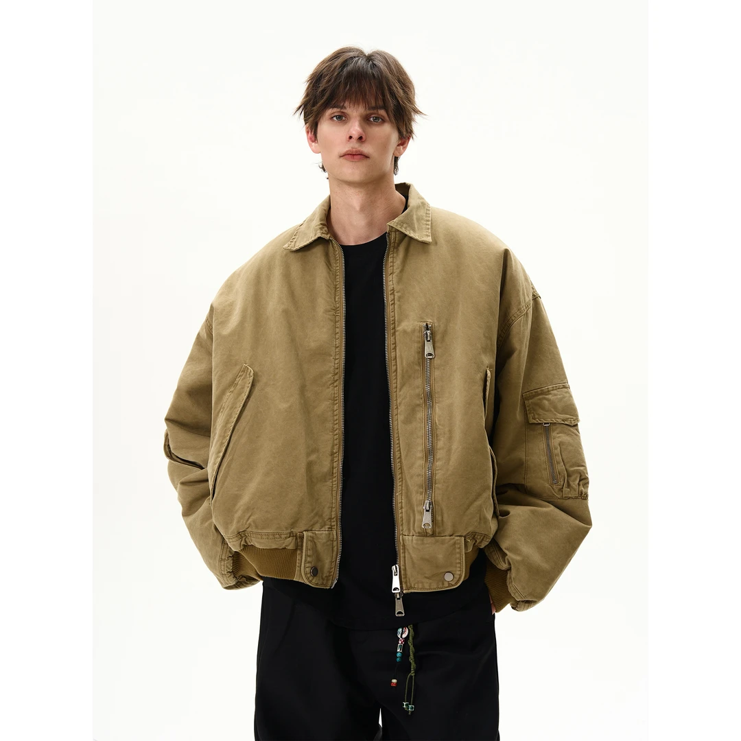 MaxDstr 美式复古重磅拉链工装bomber加厚夹克棉服男短宽boxy外套