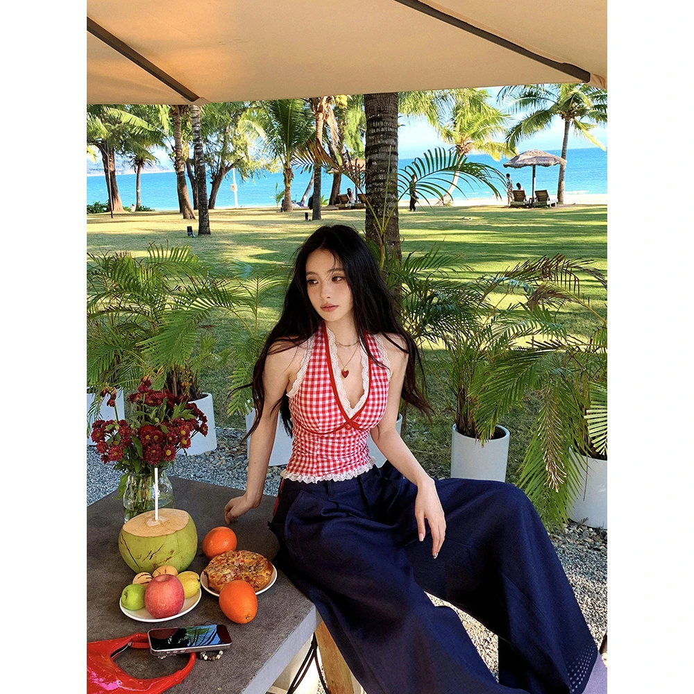 蓝色辣妹背心吊带女夏季小众设计性感蕾丝格纹挂脖上衣外穿