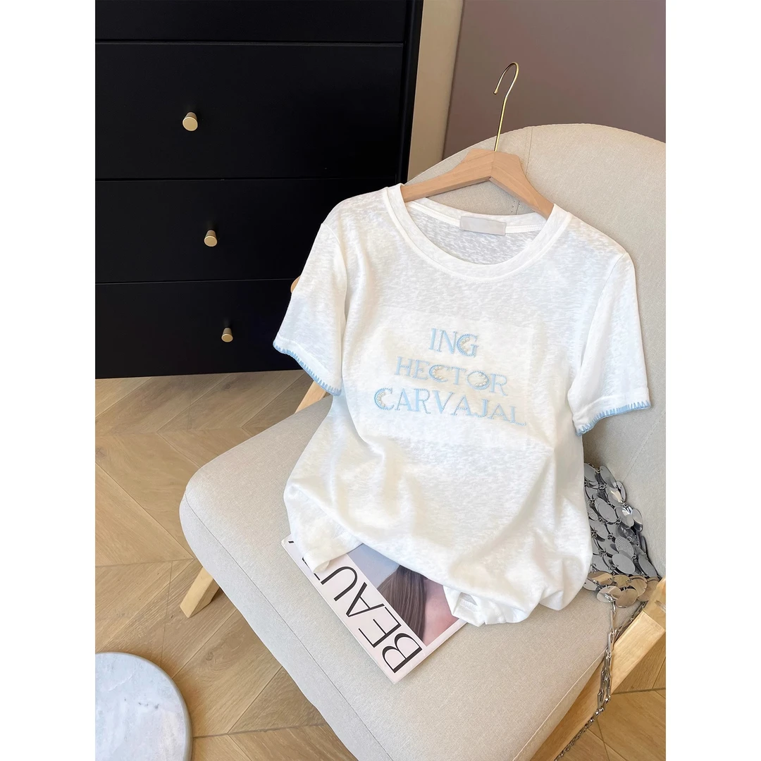 字母刺绣钉珠设计感短袖T恤女2025夏季新款圆领休闲宽松体恤上衣