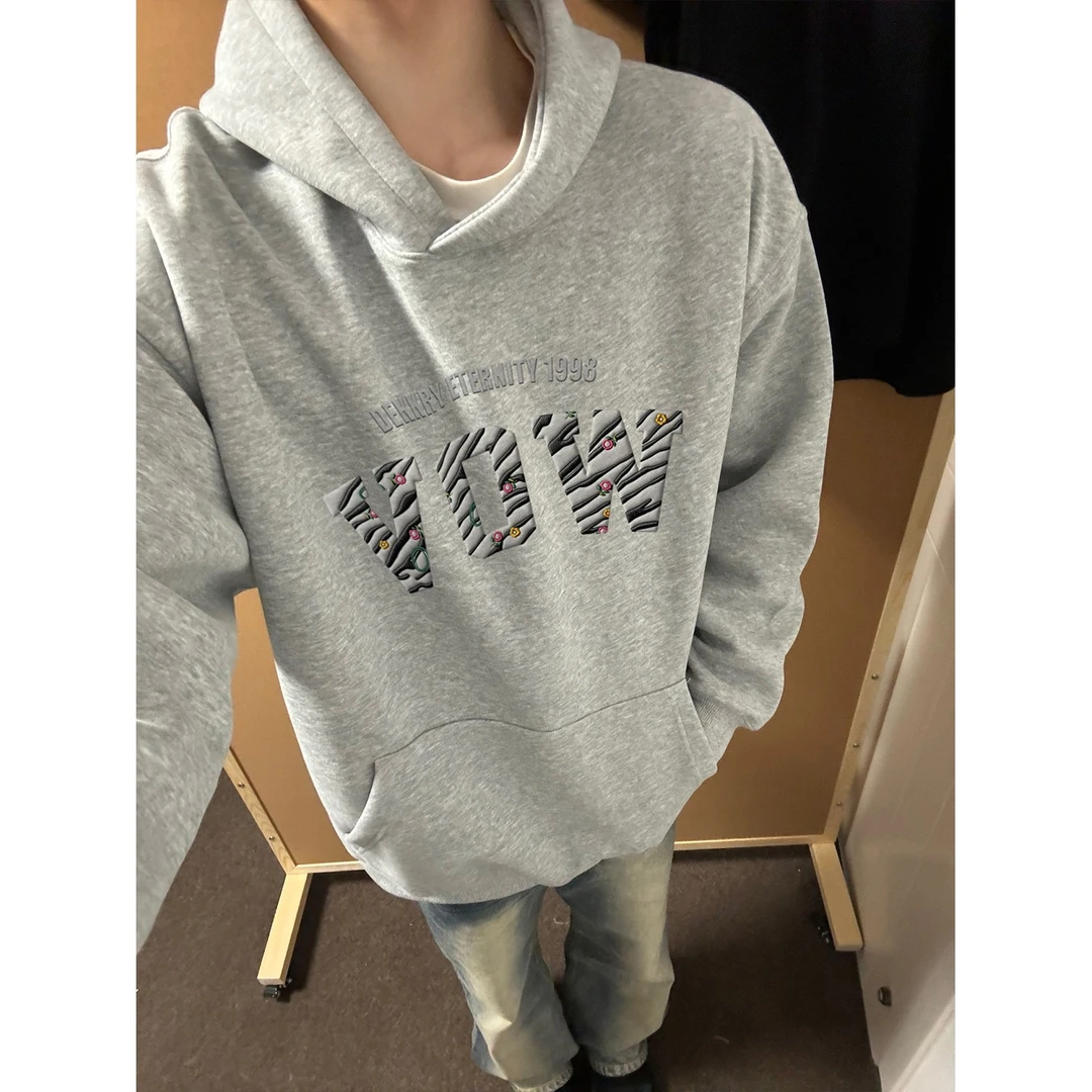 美式创意秋冬连帽卫衣男女条纹潮牌字母印花百搭休闲情侣款上衣