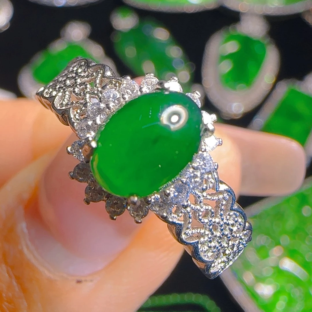 翡翠戒指银S925镶嵌天然