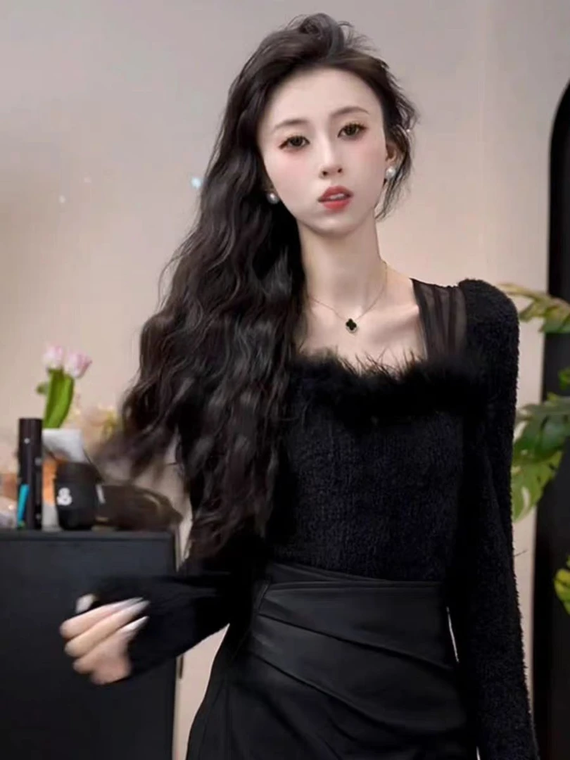 【瑶瑶专属】8991【衣长51】甜美针织毛绒方领显瘦打底衫内搭可外穿