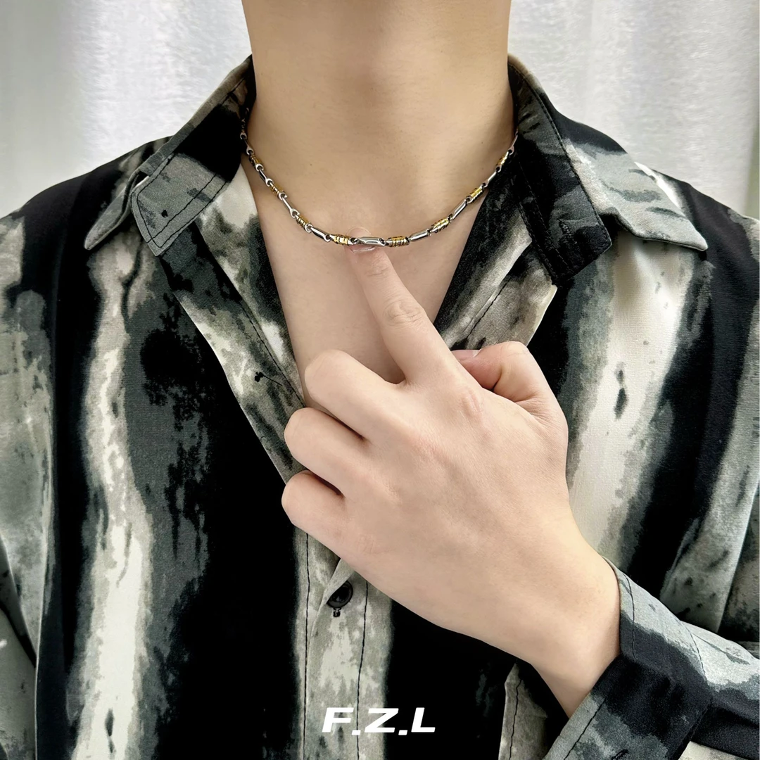 范哲洛 不锈钢项链 间黑百搭小众风素款男士时尚ins简约个性拼接