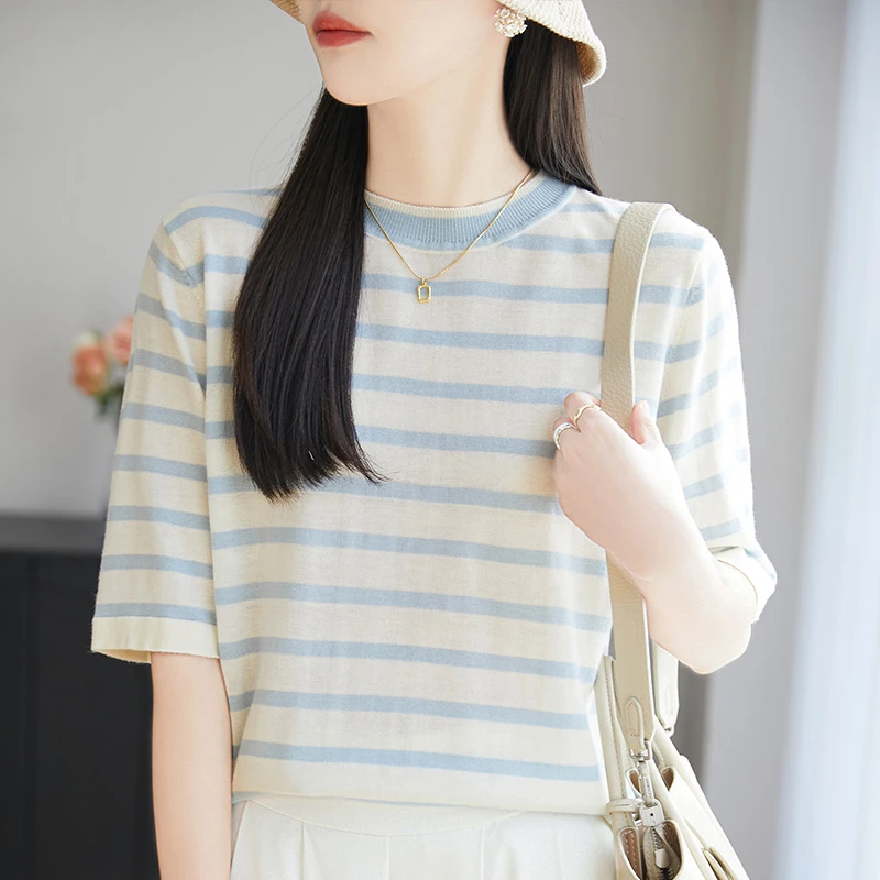 高端时尚夏季圆领条纹针织T恤百搭休闲条纹圆领半袖 韩版套头短袖