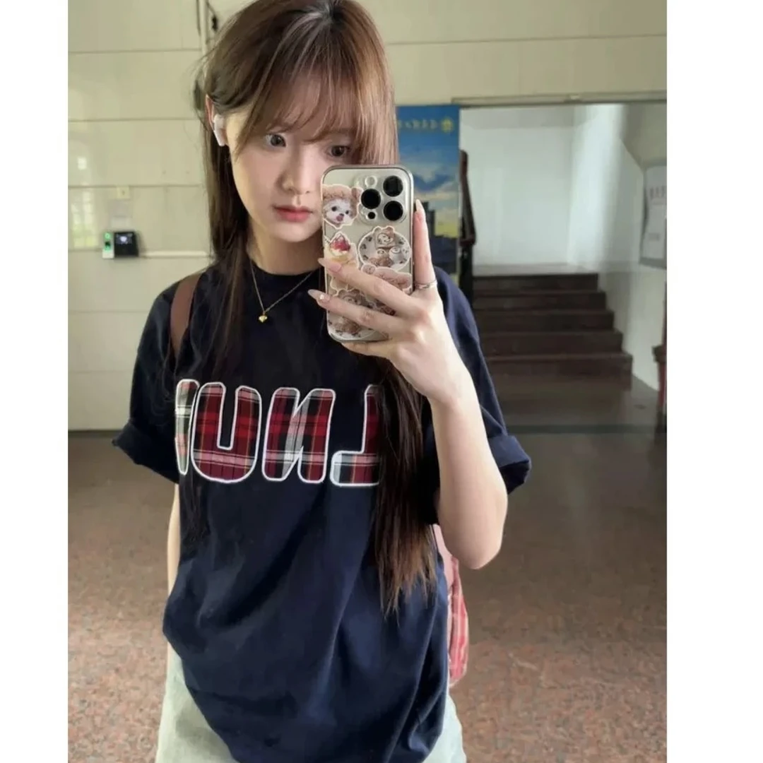 美式复古情侣短袖t恤女2025新款宽松夏季藏蓝色上衣设计感小众ins