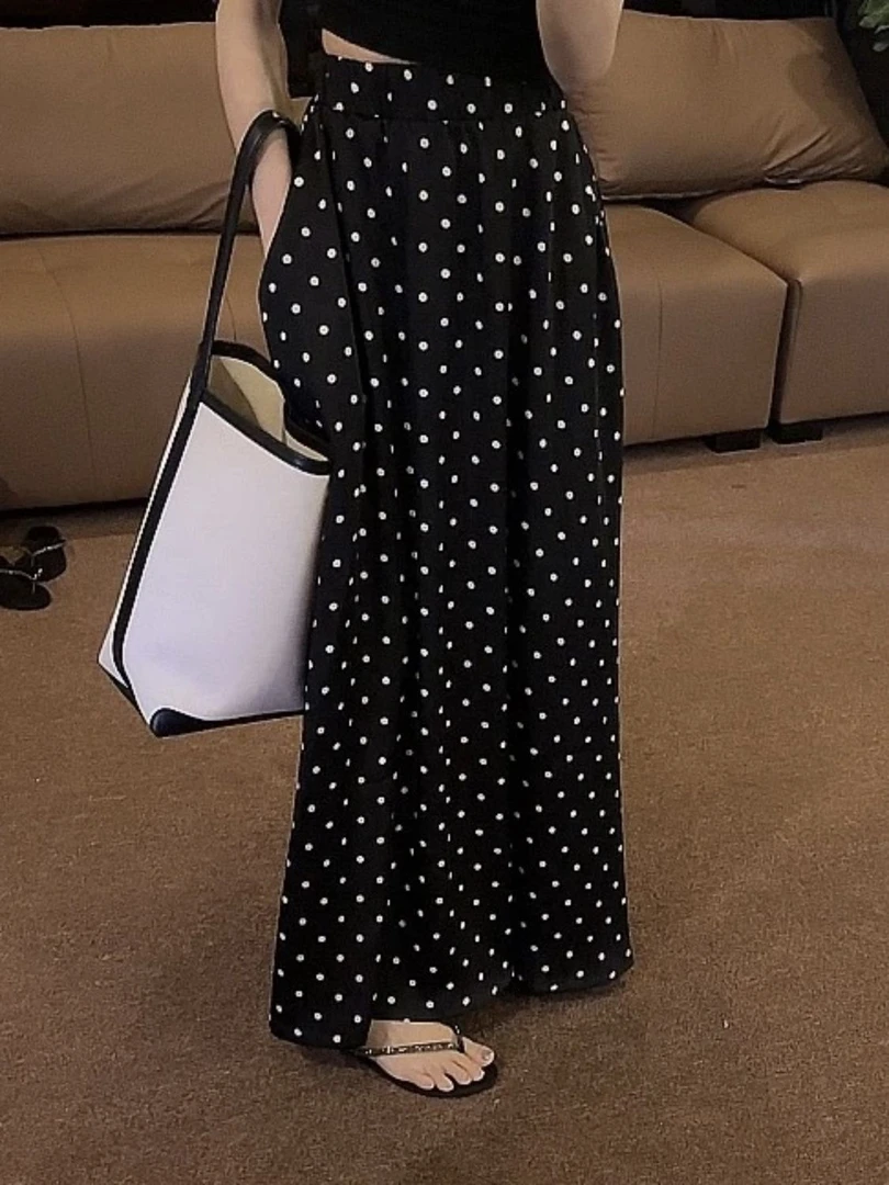有口袋长裙【原版现货】黑色波点莫奈花园风半身裙女高腰显瘦韩系