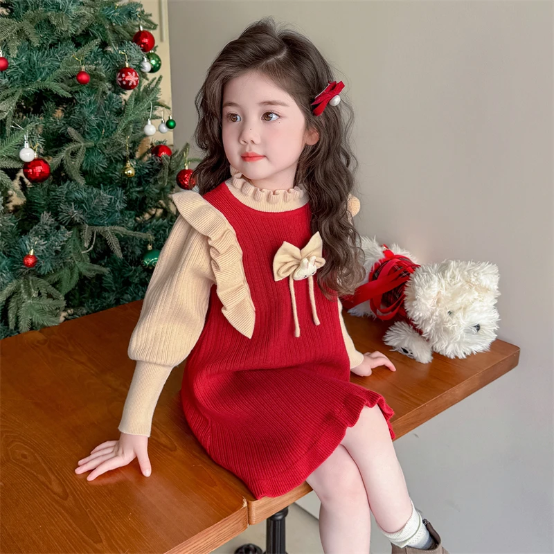 女童秋冬新款花边毛衣裙洋气时尚新款儿童装冬季蝴蝶结公主连衣裙