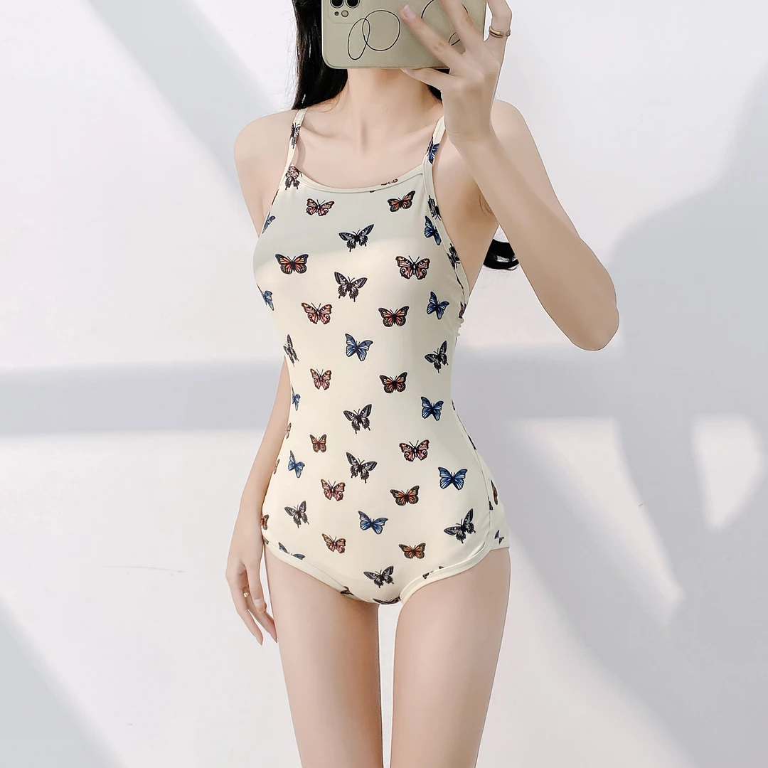 纯欲辣妹性感高级感蝴蝶印花小胸遮肉显白度假连体泳衣女