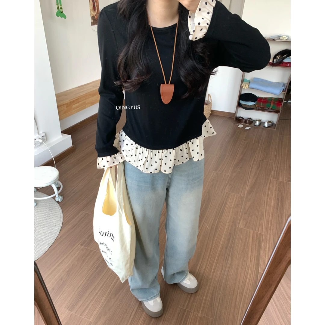 QINGYUS-波点假两件气质薄款显瘦收腰正肩长袖微胖大码女装针织衫