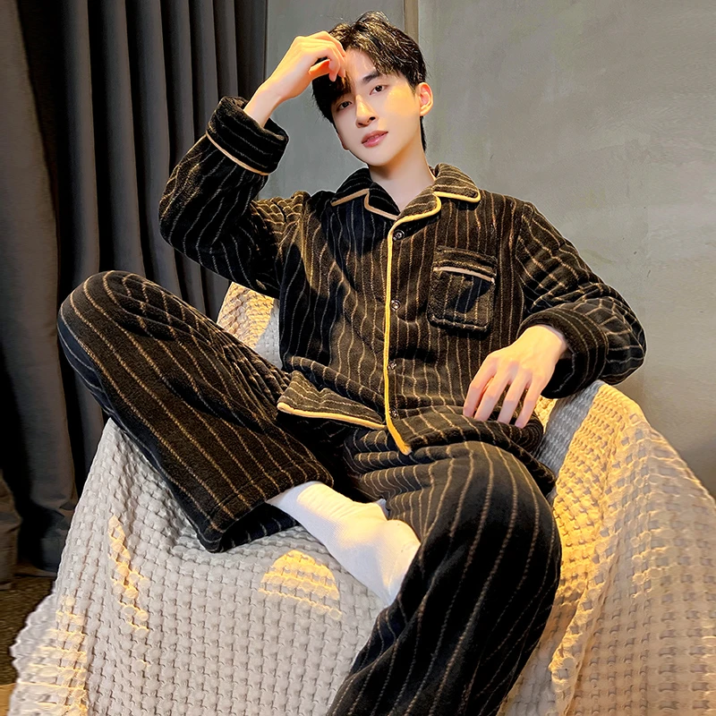 新款秋冬季男士时尚长袖慕斯绒可外穿睡衣舒适加厚保暖套装家居服