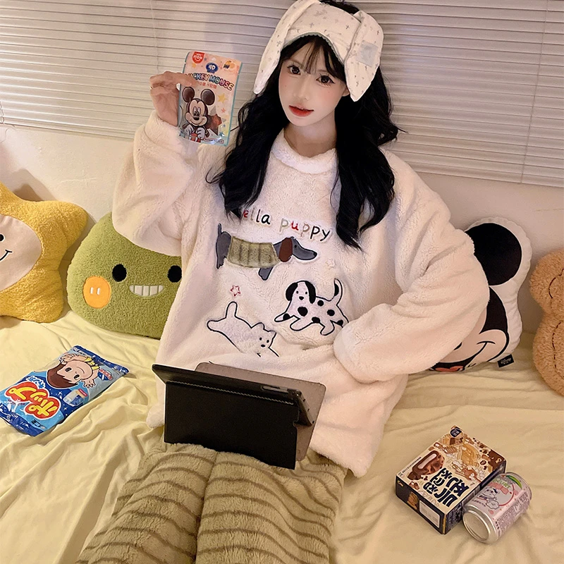 珊瑚绒加厚睡衣女款秋冬季卡通可爱加绒保暖法兰绒家居服两件套装