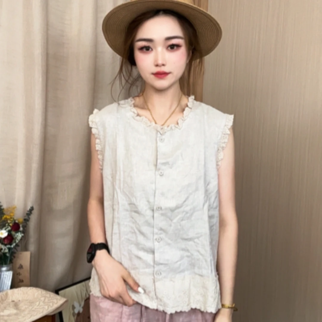 2512夏季100%雨露汉麻文艺风花边小衫衣长62 胸围125