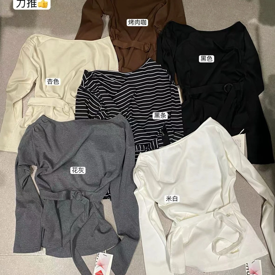 韩版法式显瘦气质收腰条纹长袖上衣H066款