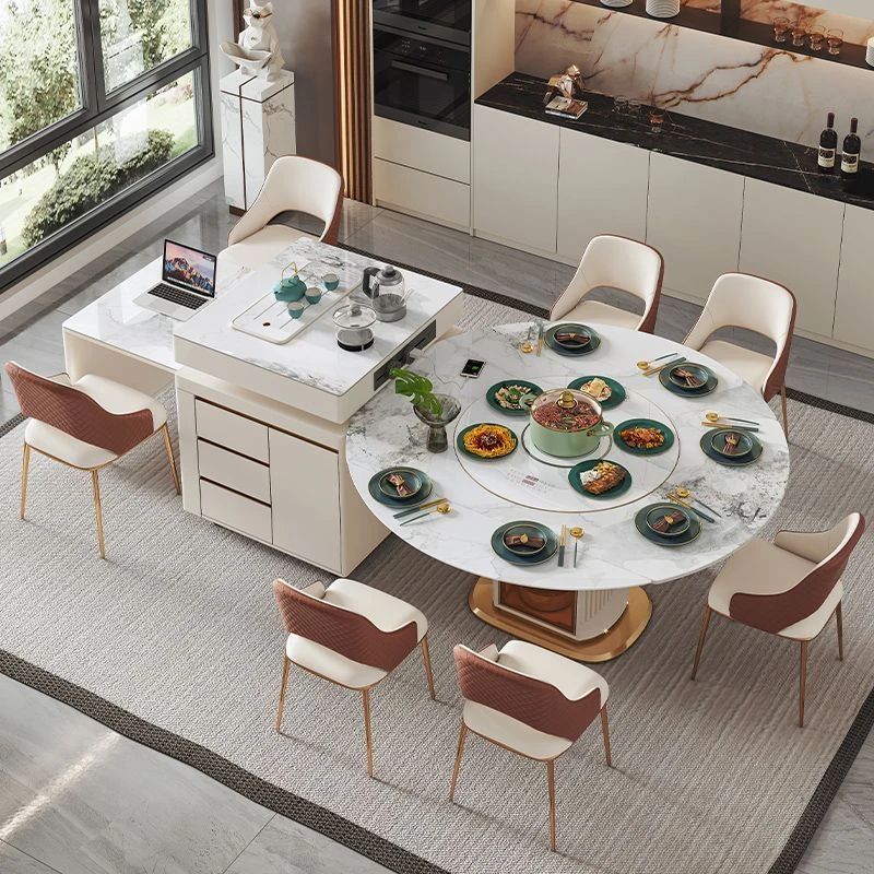 岩板岛台餐桌一体可分离变圆桌伸缩折叠带暖菜电磁炉现代轻奢圆桌