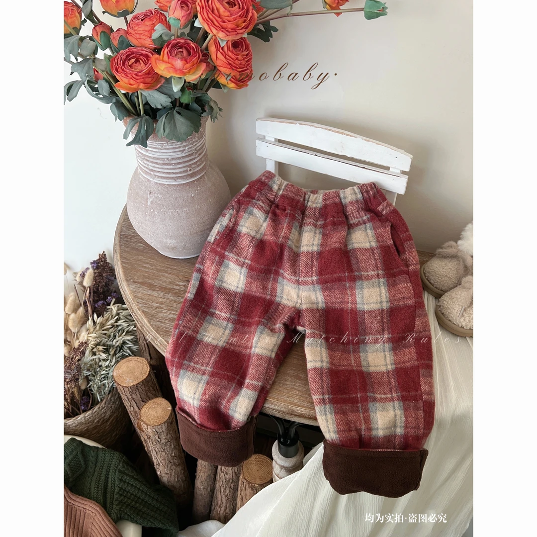 NIMO【山楂】韩版冬季新款宝宝可爱复古百搭时尚格子加绒裤子