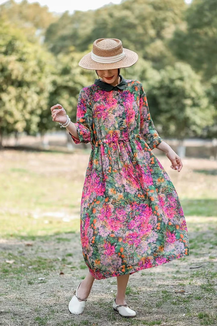 【元宝领双层】西缺新款春夏苎麻连衣裙衬衫领长裙女款印花夏季时尚