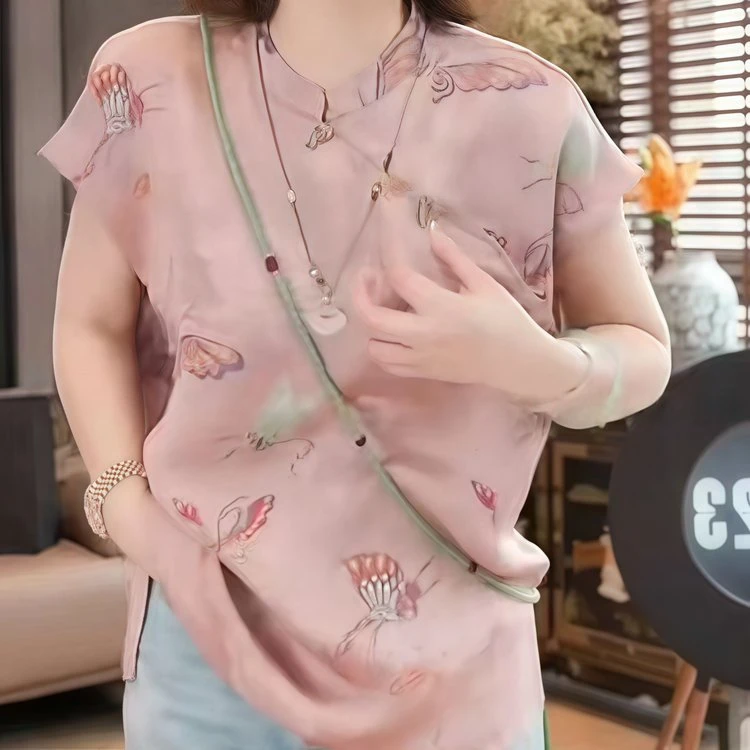 夏季新中式双面定位提花人丝五彩蝴蝶短袖衬衣薄款柔软舒适优雅女