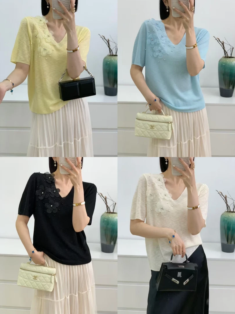 6596芭莎家花朵V领上衣