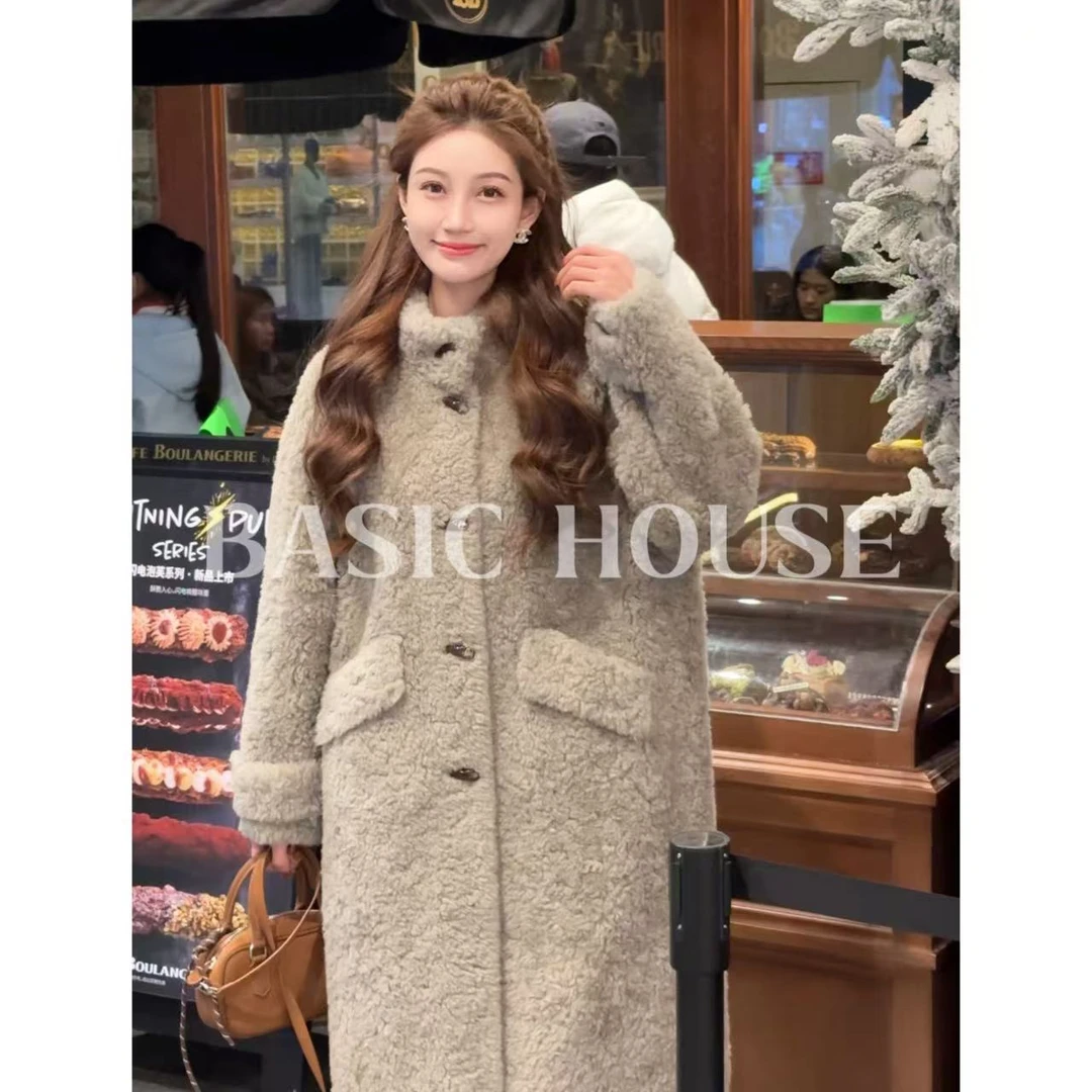 Basic House/百家好100绵羊毛秋韩风时尚显瘦颗粒立领大衣