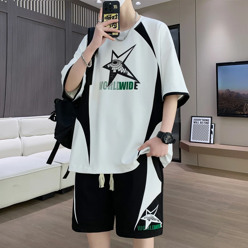 夏季新款短袖套装男士港风潮流青少年男生学生冰丝搭配两件套潮流