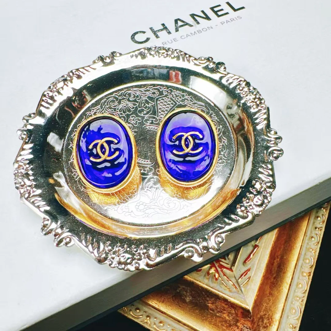 95新 Chanel/香奈儿 柚礼中古/香奈儿蓝琉璃双C耳夹cq512004