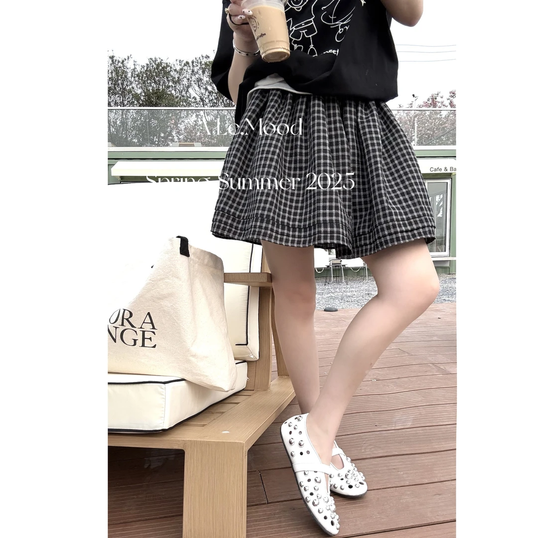 【阿乐家】大码微胖“复古格调”韩系学院风减龄格子蓬蓬半身裙