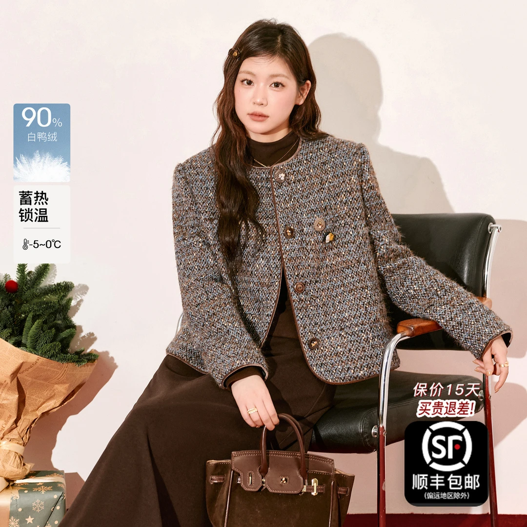 蓝语大码女装复古小香风保暖羽绒服2025冬季新款保暖90白鸭绒外套