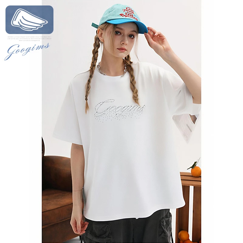 韩国Googims翅膀圆领烫钻短袖休闲宽松男女同款纯棉半袖上衣