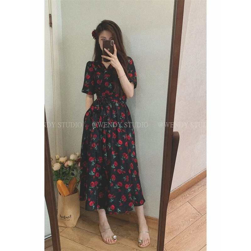 玫瑰印花雪纺连衣裙女2025春夏新款法式V领大码显瘦一片式长裙子