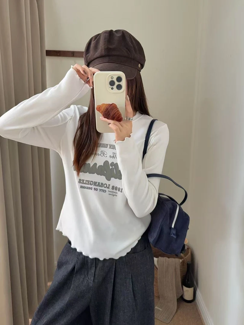 YD-韩系！字母花边打底衫25秋冬修身款上衣长袖T恤女