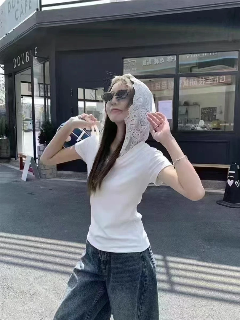 短袖蕾丝休闲风透气通勤连帽T恤运动韩版ol短款百搭修身显瘦