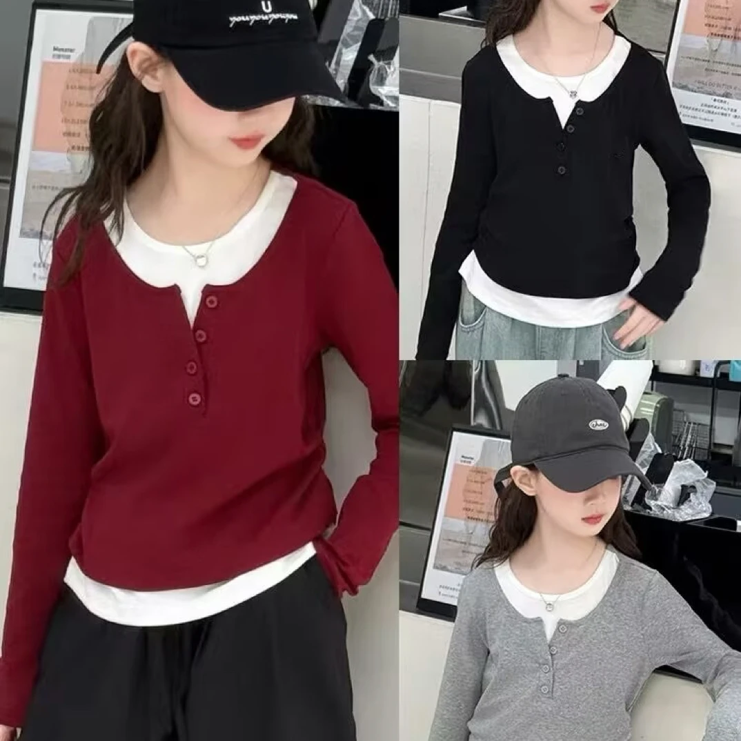 女童长袖t恤纯色棉质春秋装新款假两件儿童上衣中大童圆领打底衫