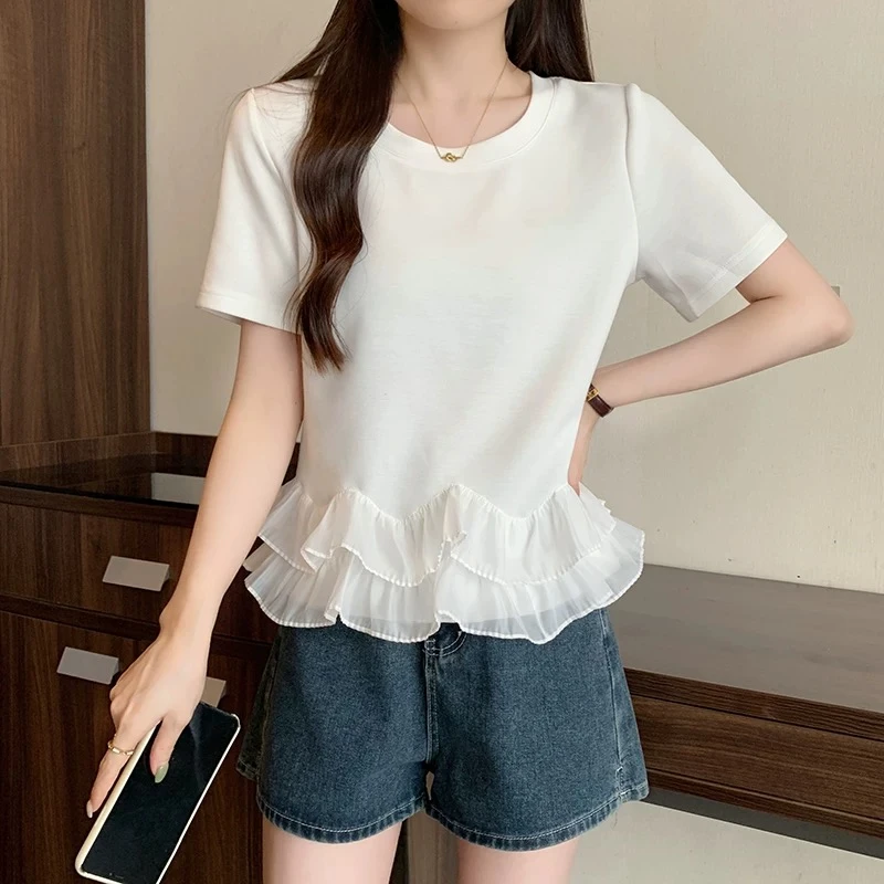 大码胖mm200斤白色小清新花边设计正肩短袖t恤女夏季减龄别致上衣