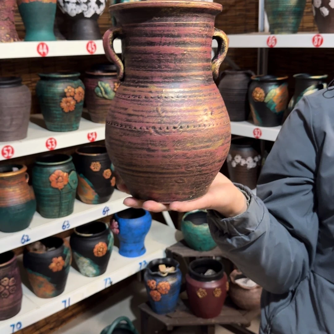 红陶红陶浮雕花盆炸炸炸