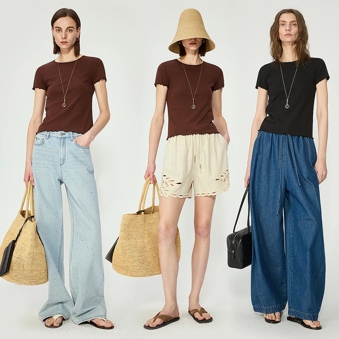 开间/春夏B囤 亲肤丝柔真丝长绒棉極简弹力修身显瘦花边短袖木耳T