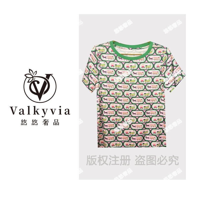 【Valkyvia/悠悠奢品】桑蚕丝T恤女 小马拉车印花减龄显瘦弹力上衣
