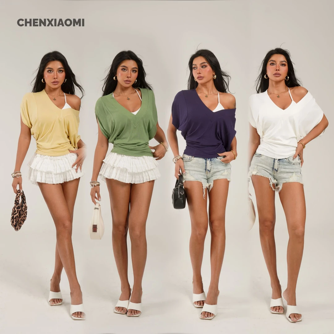 【蜜蜜家】时光手账 欧美辣妹显瘦慵懒风V领性感短袖T恤 25/Z567