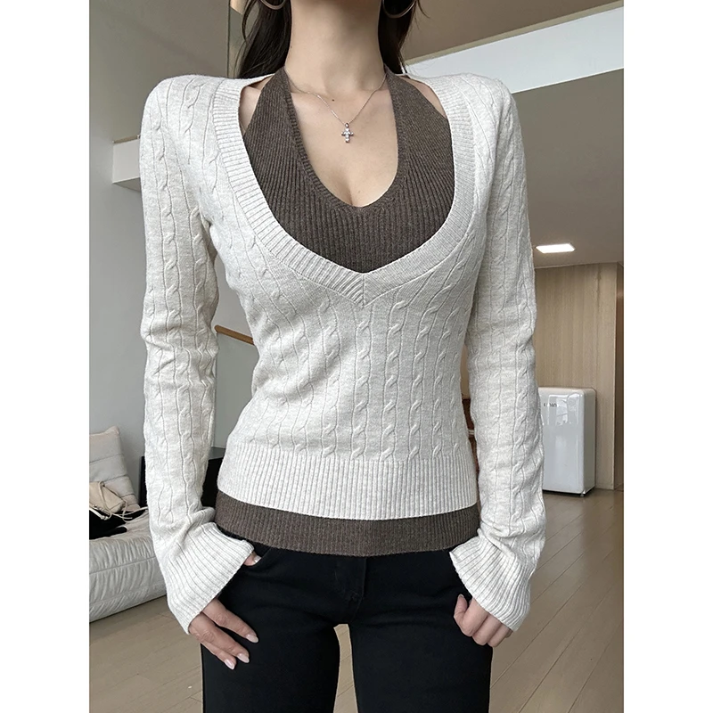 【部分现】撞色挂脖V领假两件拼接修身针织衫女百搭打底上衣M1427